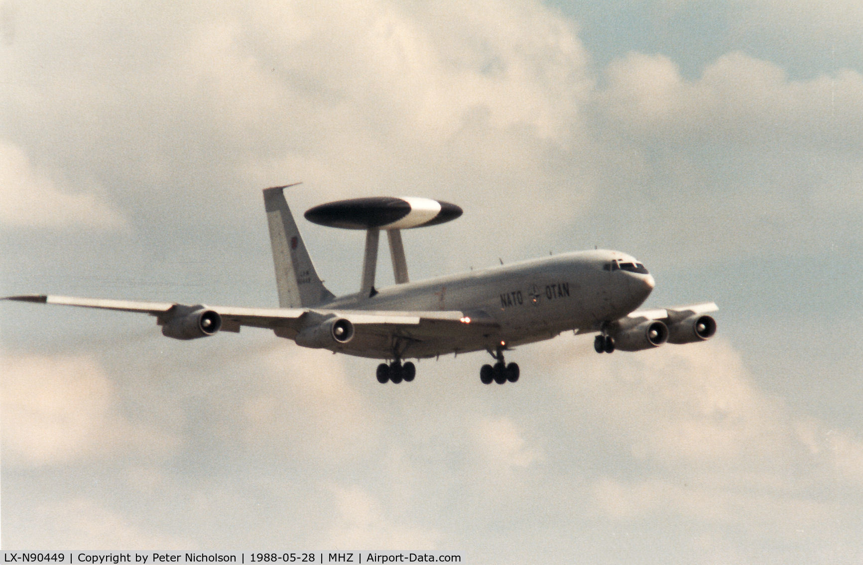 LX-N90449, 1983 Boeing E-3A Sentry C/N 22844, E-3A Sentry of the NATO Airborne Early Warning Force landing at the 1988 RAF Mildenhall Air Fete.
