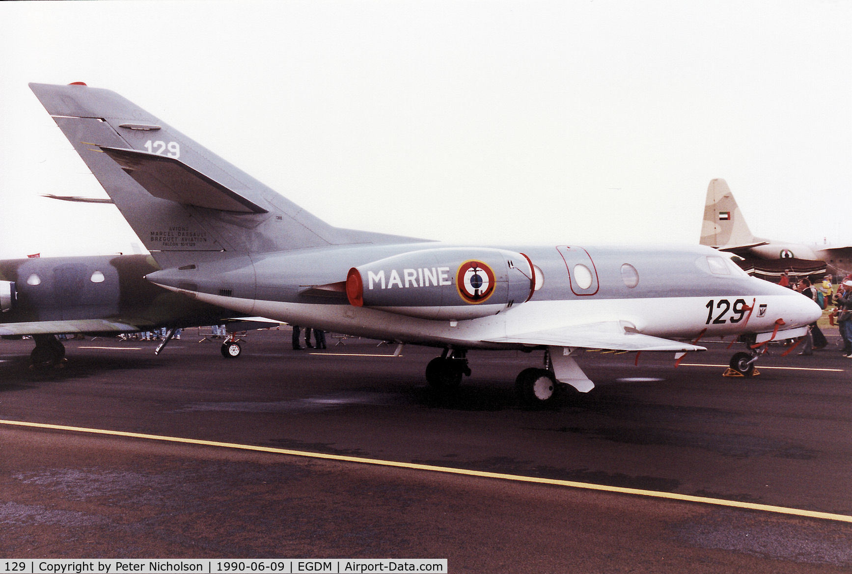 129, 1978 Dassault Falcon 10MER C/N 129, Falcon 10MER of French Aeronavale's 57S on display in the static park at the 1990 Boscombe Down Battle of Britian 50th Anniversary Airshow.