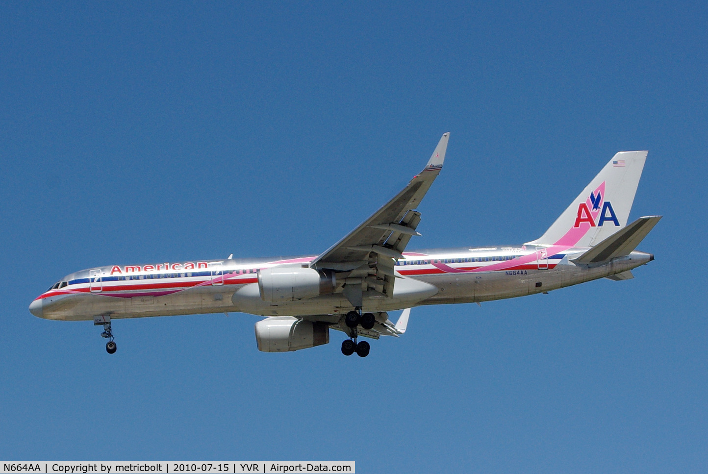 N664AA, 1992 Boeing 757-223 C/N 25298, Landing at YVR, Breast Cancer Awareness ribbon