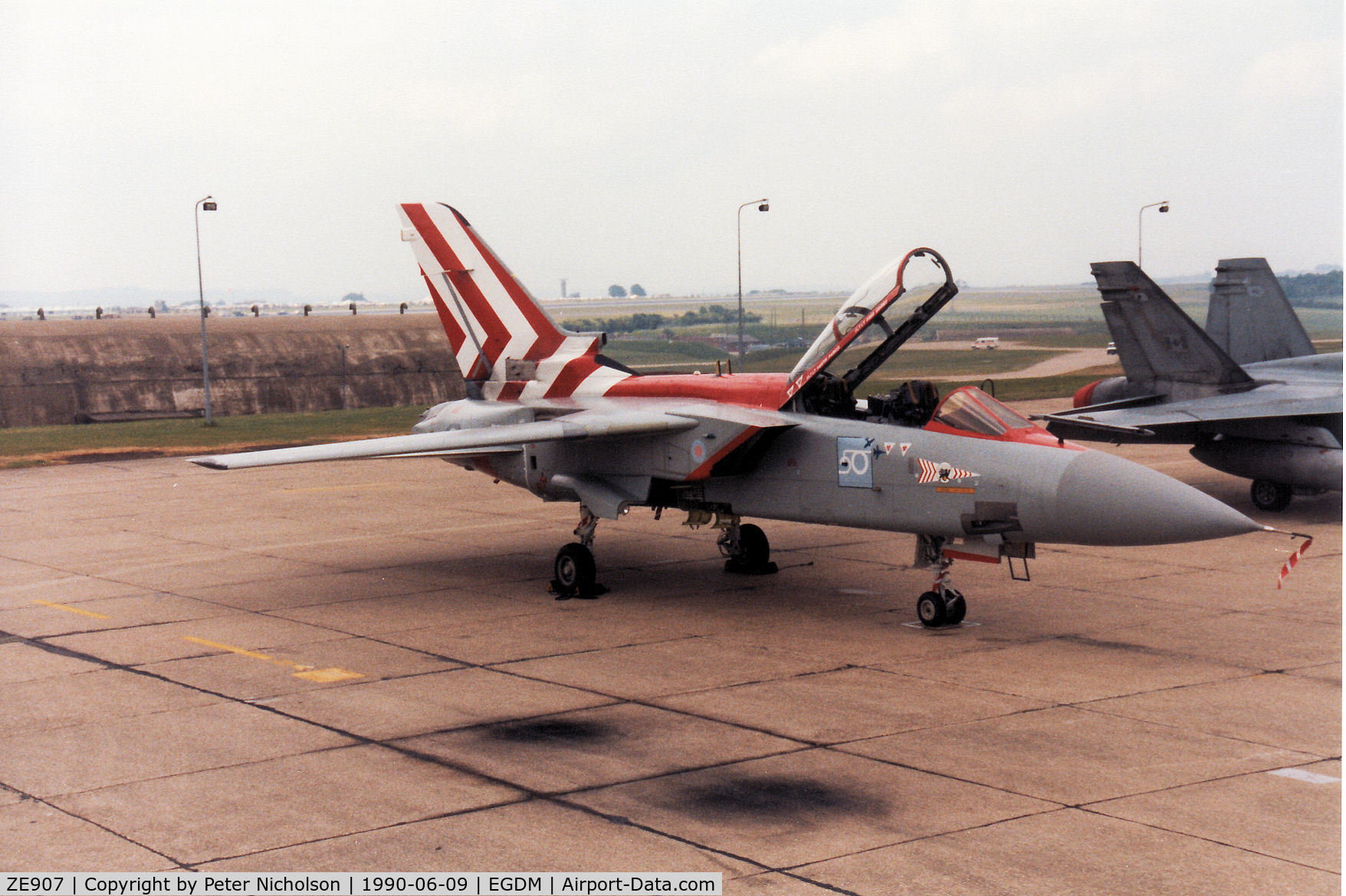 ZE907, 1989 Panavia Tornado F.3 C/N AS098/765/2126, Tornado F.3, callsign Tornado 1, of 229 Operational Conversion Unit at RAF Coningsby on the flight-line at the 1990 Boscombe Down Battle of Britain 50th Anniversary Airshow.