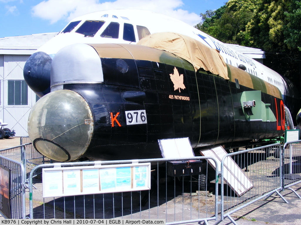 KB976, 1944 Victory Aircraft Avro 683 Lancaster B10 AR C/N 277, Once a complete aircraft on display at the Strathallan Aircraft Collection it was damaged by a roof collapse at Woodford in August 87. now Doncaster museum has the rear fuselage, Kermit Weeks has the majority of her, wings, rudders, parts of the fuselage.