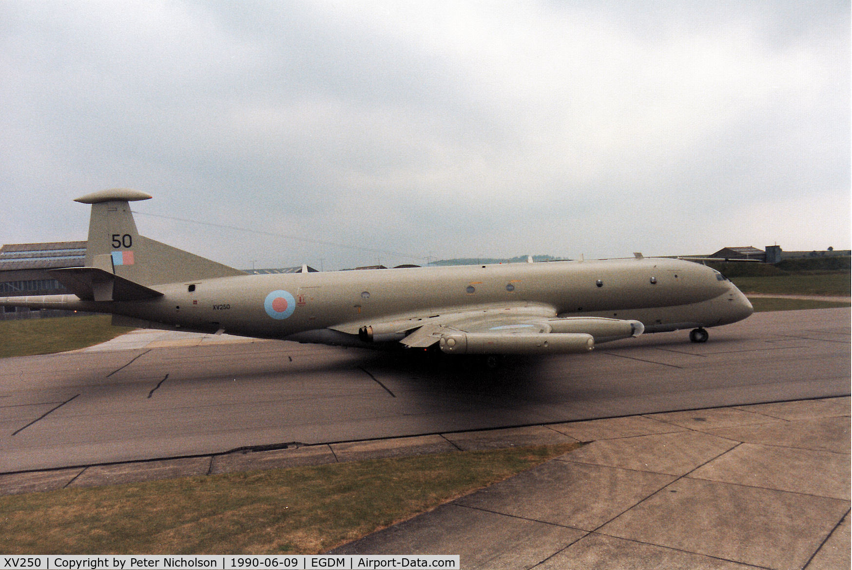 XV250, Hawker Siddeley Nimrod MR.2 C/N 8025, Nimrod MR.2 of the Kinloss Strike Wing on the flight-line at the 1990 Boscombe Down Battle of Britain 50th Anniversary Airshow.