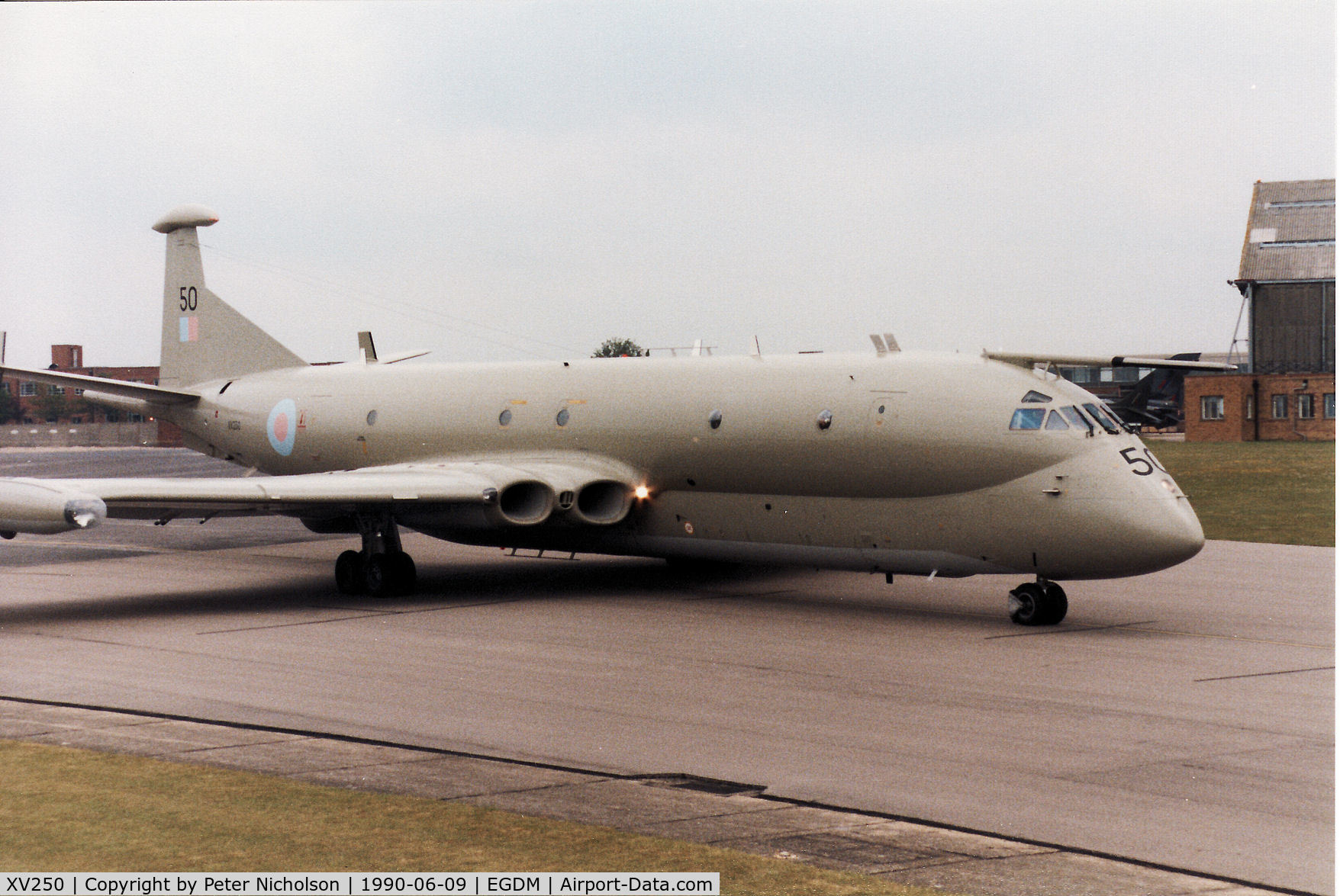 XV250, Hawker Siddeley Nimrod MR.2 C/N 8025, Kinloss Strike Wing Nimrod MR.2 on the flight-line at the 1990 Boscombe Down Battle of Britain 50th Anniversary Airshow.