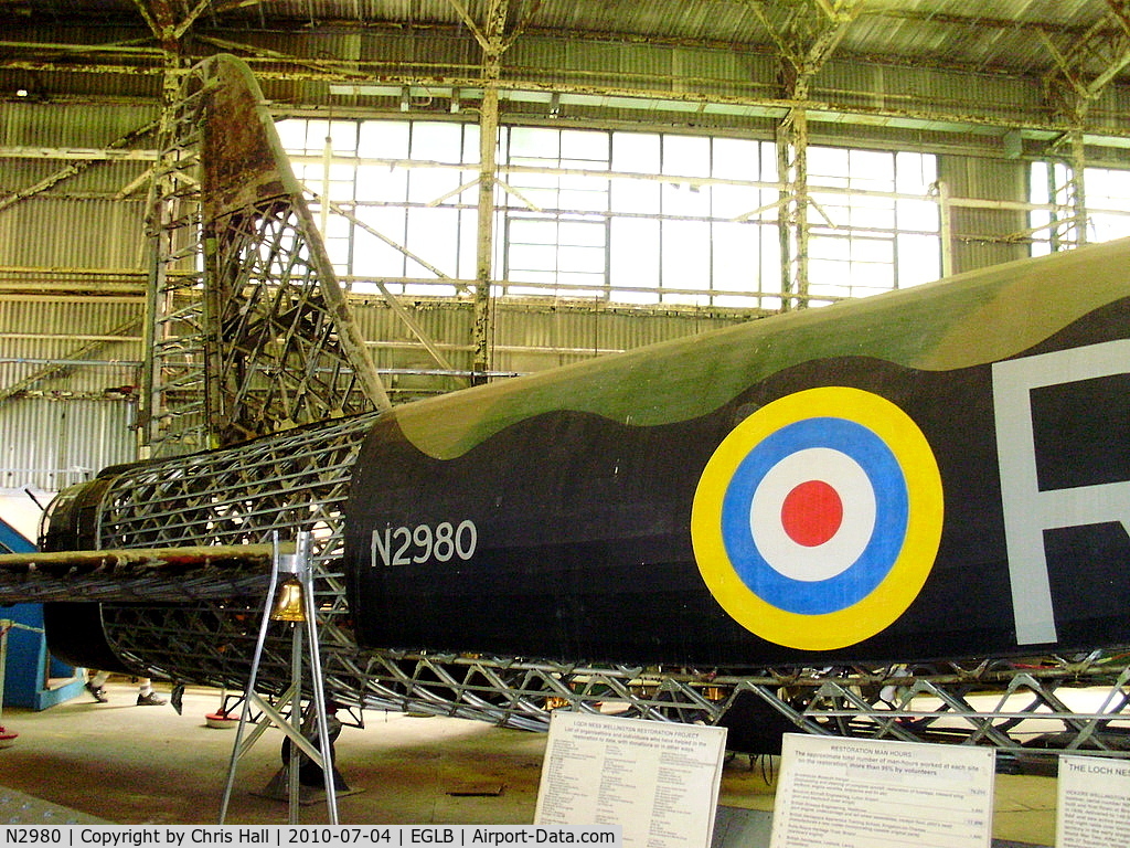 N2980, 1940 Vickers Wellington 1A C/N Not found N2980, rear section of Wellington Mark IA N2980 on display at Brooklands Museum, This aircraft lost power during a training flight in 1940 and ditched in Loch Ness. It was recovered from the bottom of Loch Ness in September 1985 and restored.