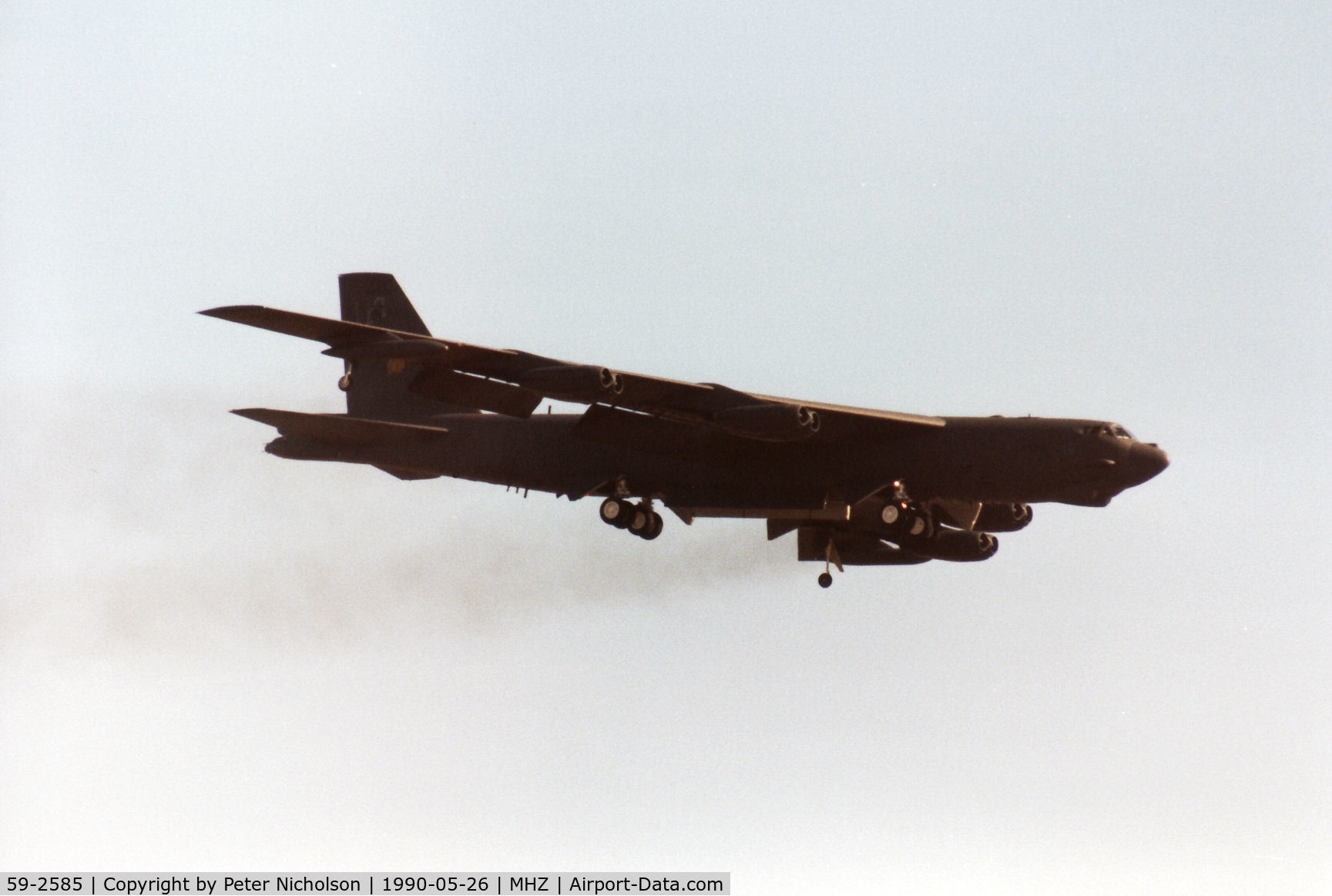59-2585, 1959 Boeing B-52G Stratofortress C/N 464348, B-52G Stratofortress named Swashbuckler, callsign Moose 25 of 69th Bomb Squadron/42nd Bomb Wing at Loring AFB on a fly-past at the 1990 RAF Mildenhall Air Fete.