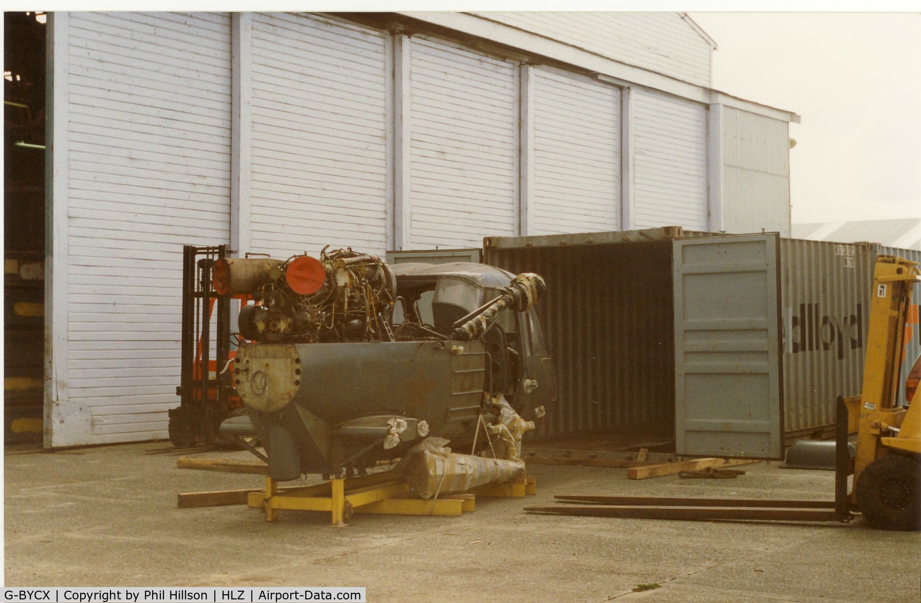 G-BYCX, 1973 Westland WASP MK1B C/N F9754, Unloading from the container for South Africa