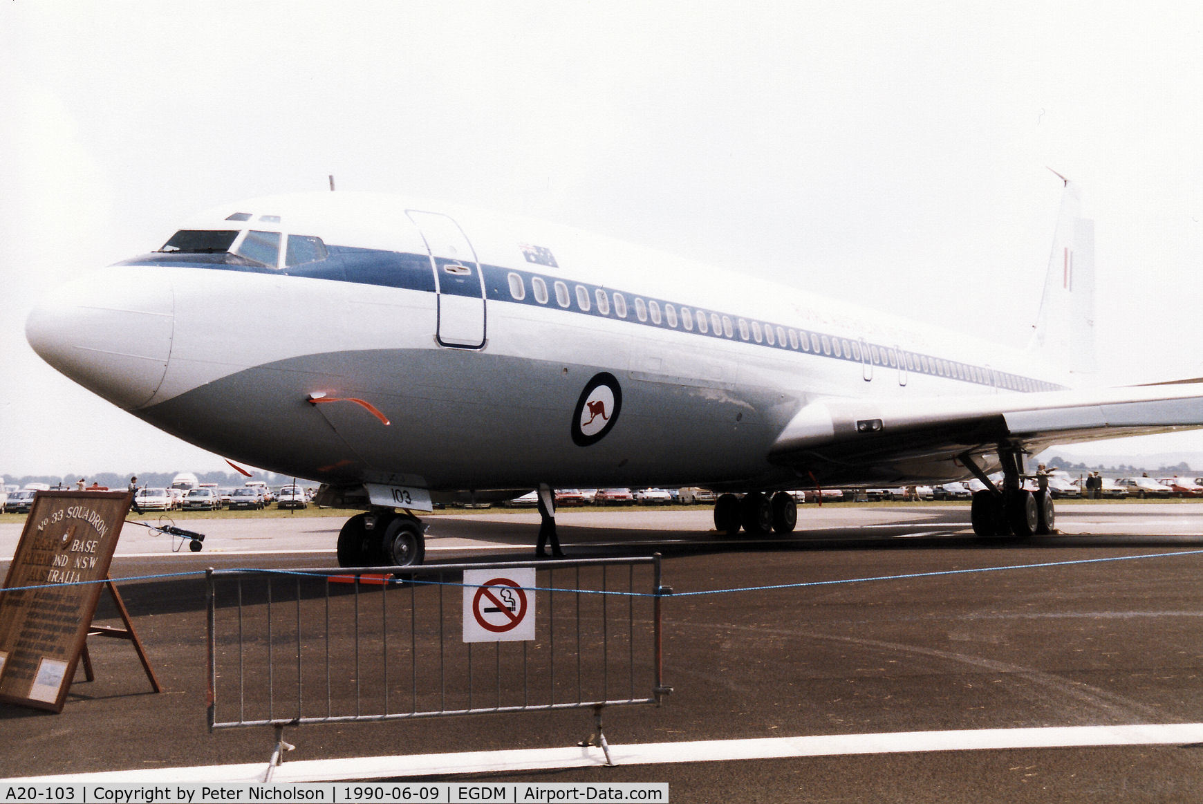 A20-103, 1975 Boeing 707-368C C/N 21103, Boeing 707-368C, callsign Embassy 198, of 33 Squadron Royal Australian Air Force on display at the 1990 Boscombe Down Battle of Britain 50th Anniversary Airshow.