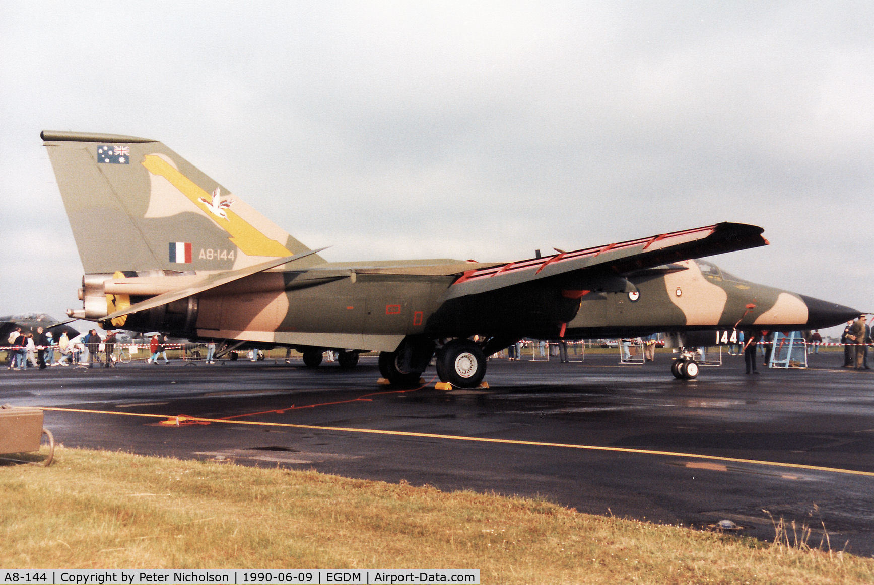 A8-144, 1973 General Dynamics F-111C Aardvark C/N D1-20, F-111C of 1 Squadron Royal Australian Air Force on display at the 1990 Boscombe Down Battle of Britain 50th Anniversary Airshow.