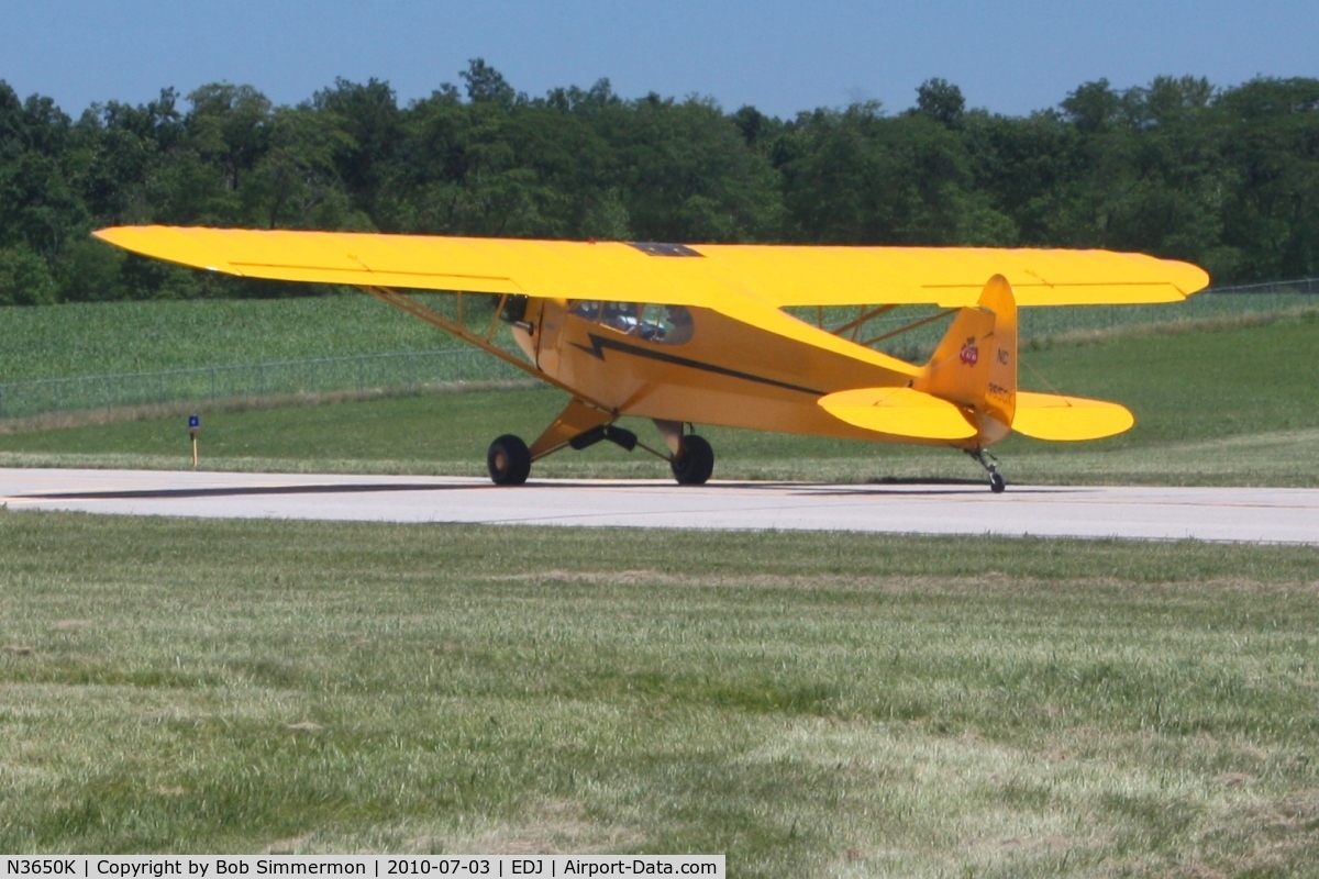 N3650K, 1946 Piper J3C-65 Cub C/N 22344, Departing Bellefontaine, Ohio during the 2010 air show.