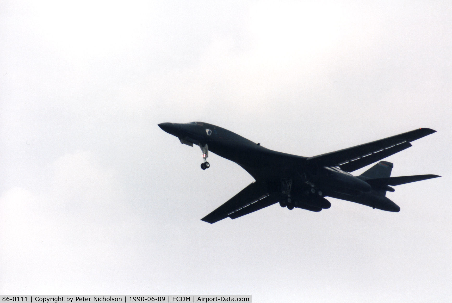 86-0111, 1986 Rockwell B-1B Lancer C/N 71, Ace in the Hole, callsign Norse 41, on a fly-past at the 1990 Boscombe Down Battle of Britain 50th Anniversary Airshow.
