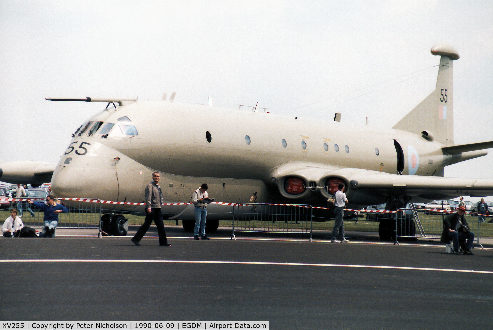 XV255, Hawker Siddeley Nimrod MR.2 C/N 8030, Nimrod MR.2, callsign Nine Delta Romeo, of the Kinloss Strike Wing on display at the 1990 Boscombe Down Battle of Britain 50th Anniversary Airshow.