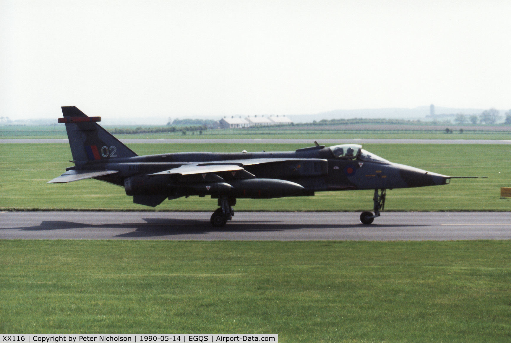 XX116, 1973 Sepecat Jaguar GR.1A C/N S.9, Jaguar GR.1A of 226 Operational Conversion Unit taxying to the active runway at RAF Lossiemouth in May 1990.