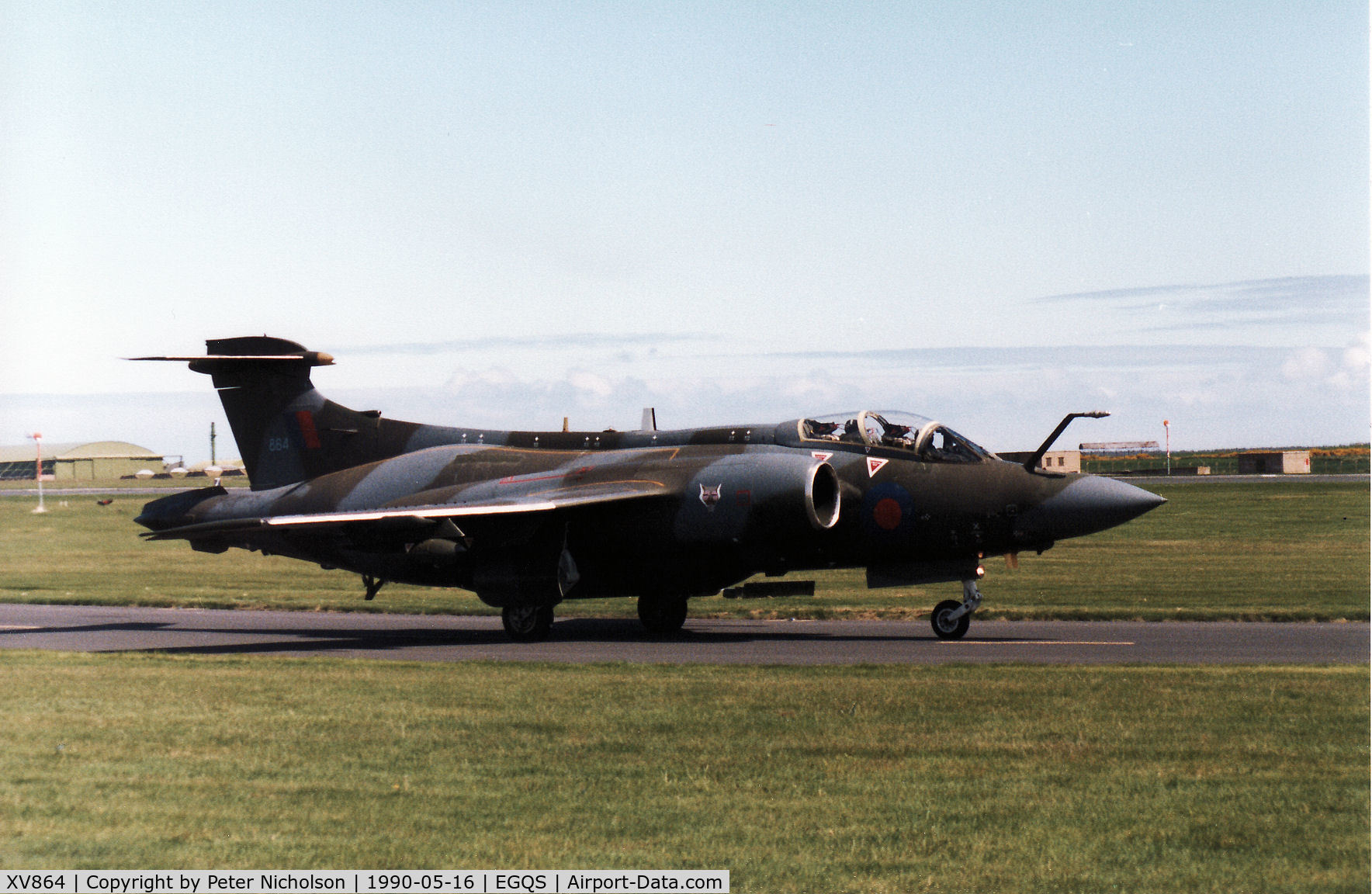 XV864, 1968 Hawker Siddeley Buccaneer S.2B C/N B3-13-67, Buccaneer S.2B of 12 Squadron taxying to the active runway at RAF Lossiemouth in May 1990.