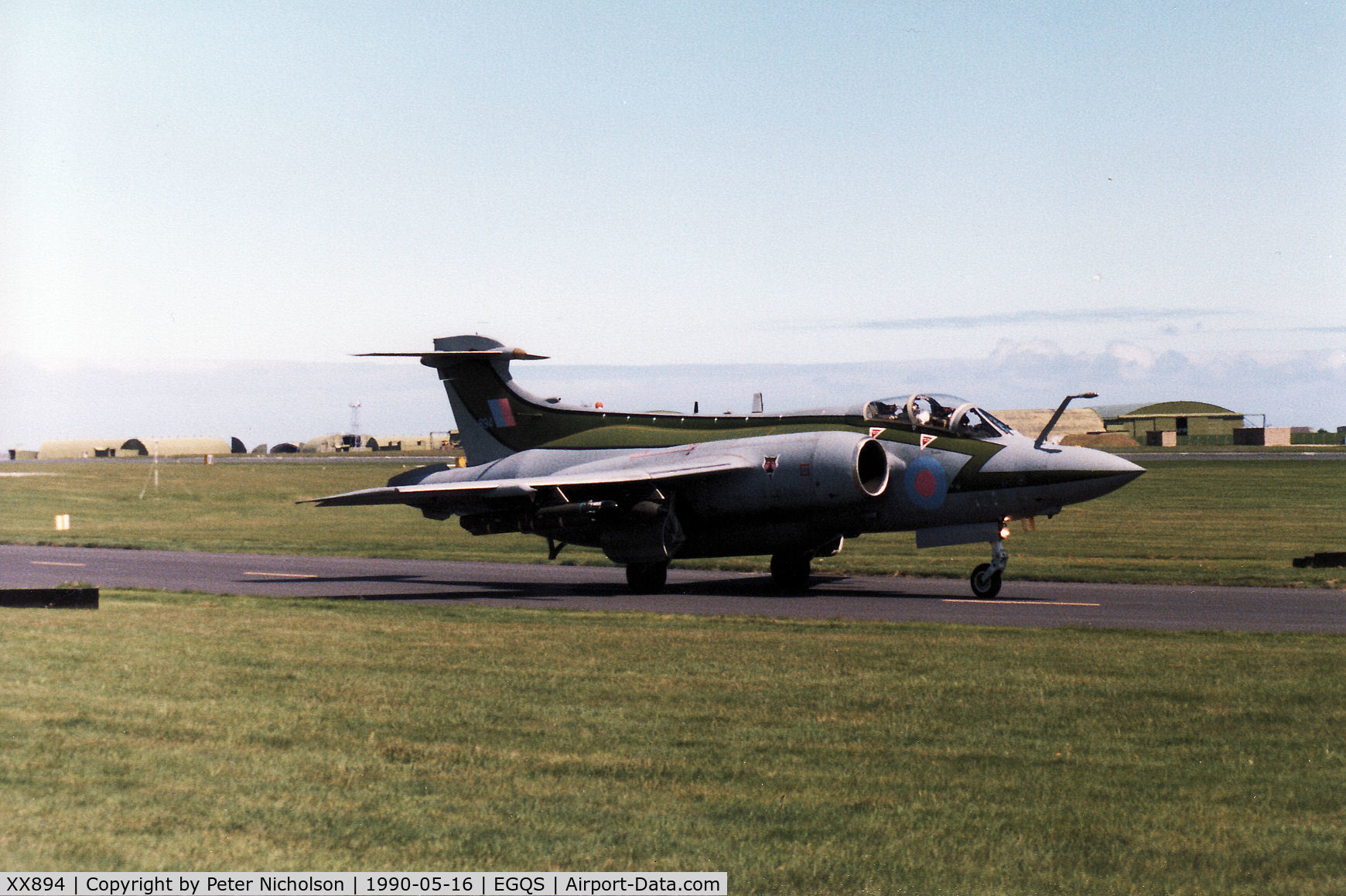 XX894, 1975 Hawker Siddeley Buccaneer S.2B C/N B3-03-74, Buccaneer S.2B of 12 Squadron taxying to the active runway at RAF Lossiemouth in May 1990.