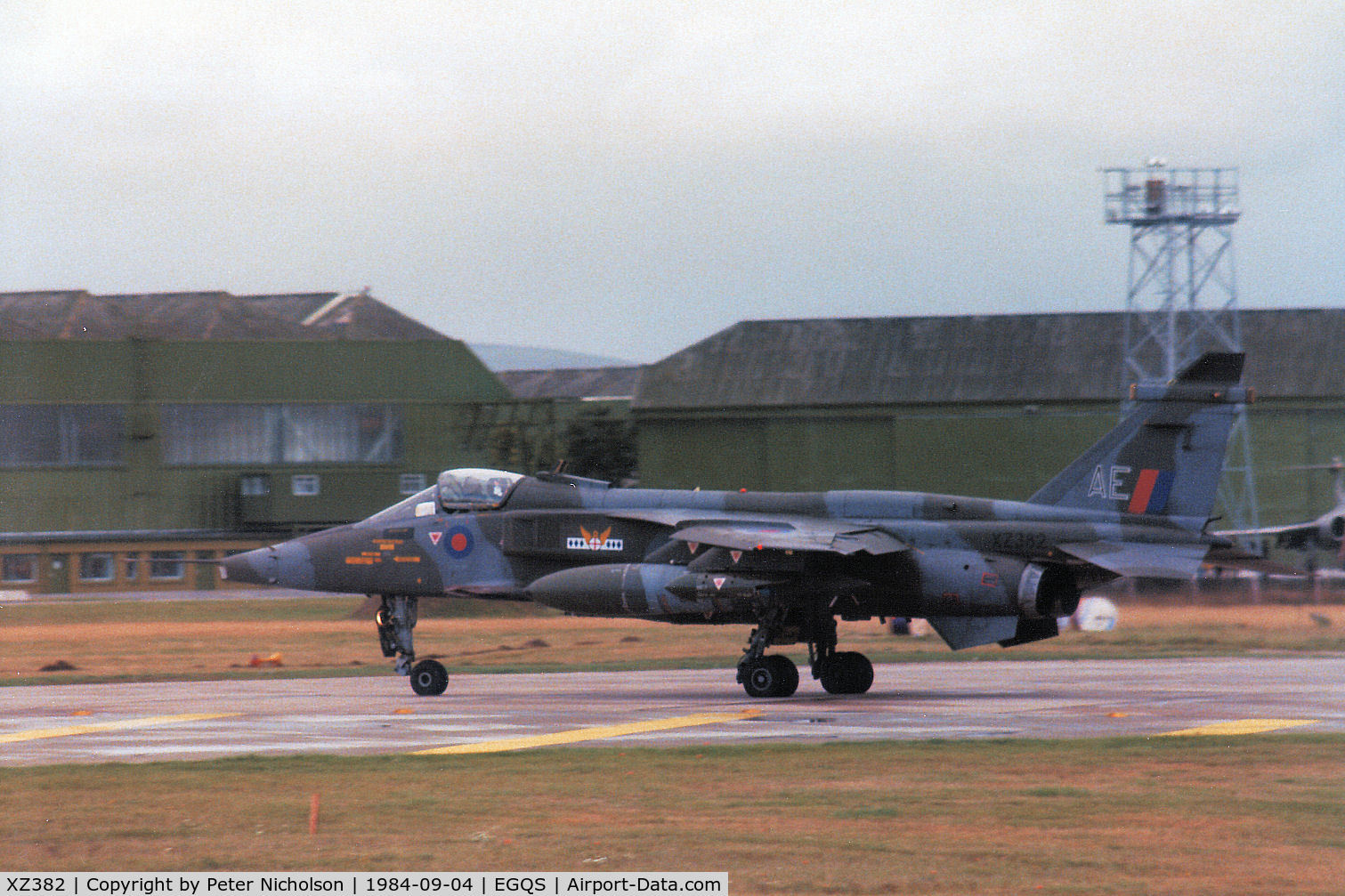 XZ382, 1977 Sepecat Jaguar GR.1 C/N S.147, Jaguar GR.1 of 14 Squadron at RAF Bruggen leaving the active runway for the Visiting Aircraft Section at RAF Lossiemouth in September 1984.
