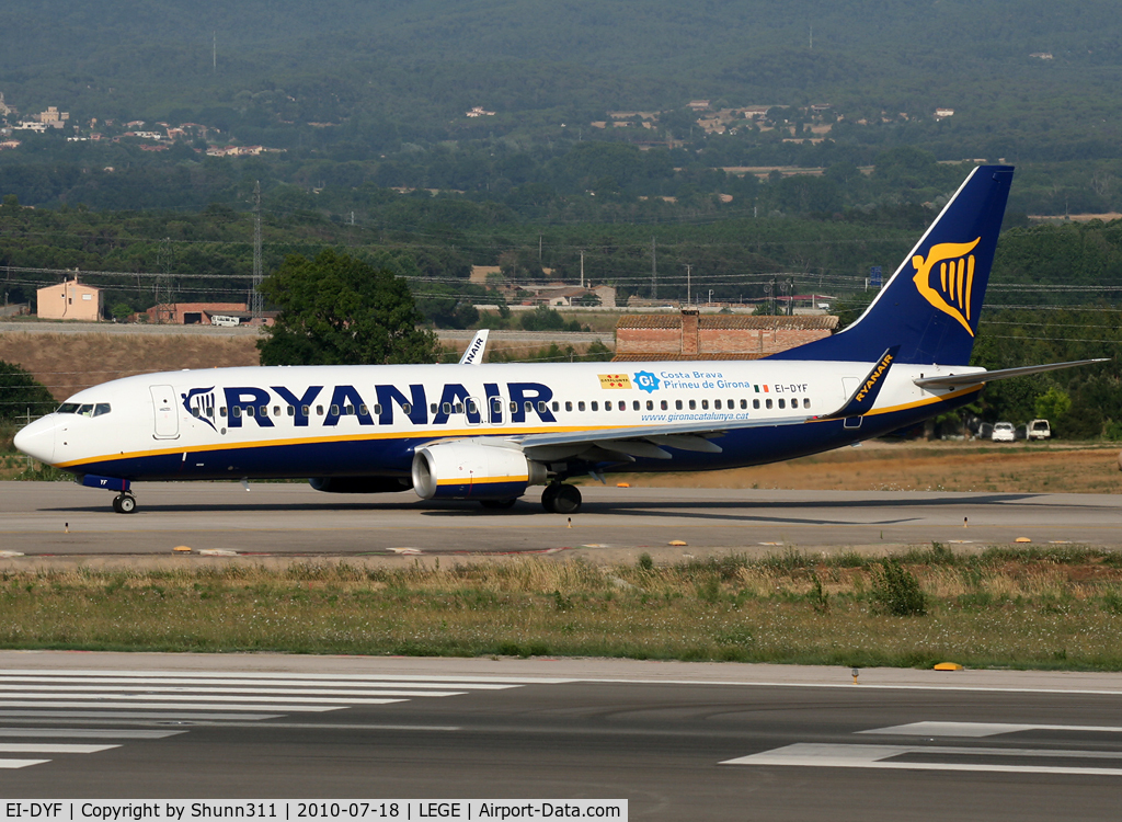 EI-DYF, 2008 Boeing 737-8AS C/N 36569, Taxiing holding point rwy 20 for departure with additional 'Girona Catalunya / Costa Brava / Pirineu de Girona' patch...