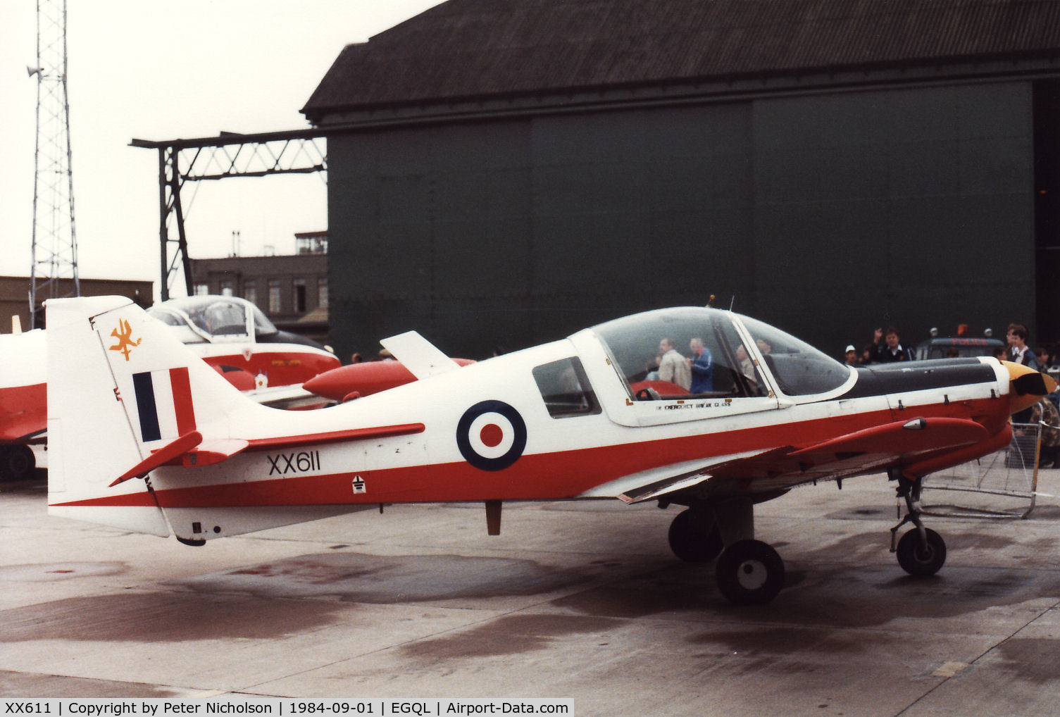 XX611, 1974 Scottish Aviation Bulldog T.1 C/N BH120/259, Bulldog T.1 of Glasgow & Strathclyde University Air Squadron on display at the 1984 RAF Leuchars Airshow.