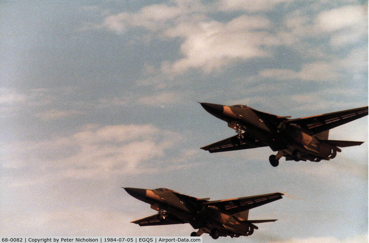 68-0082, 1968 General Dynamics F-111E Aardvark C/N A1-251, F-111E of 55th Tactical Fighter Squadron/20th Tactical Fighter Wing at RAF Upper Heyford on a paired practice approach wth 68-0074 at RAF Lossiemouth in the Summer of 1984.