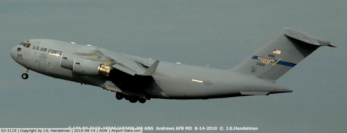 03-3119, 2003 Boeing C-17A Globemaster III C/N F-126/P-119, Take off at Andrews AFB