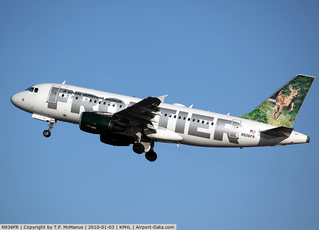 N936FR, 2005 Airbus A319-111 C/N 2392, Frontier Airlines A319 climbing out from 27L at PHL
