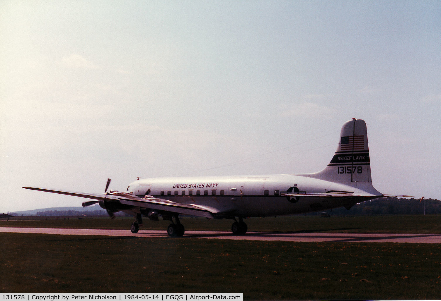 131578, 1953 Douglas C-118A Liftmaster (R6D-1) C/N 43681, C-118B Liftmaster of Naval Air Station Keflavik departing RAF Lossiemouth in May 1984.