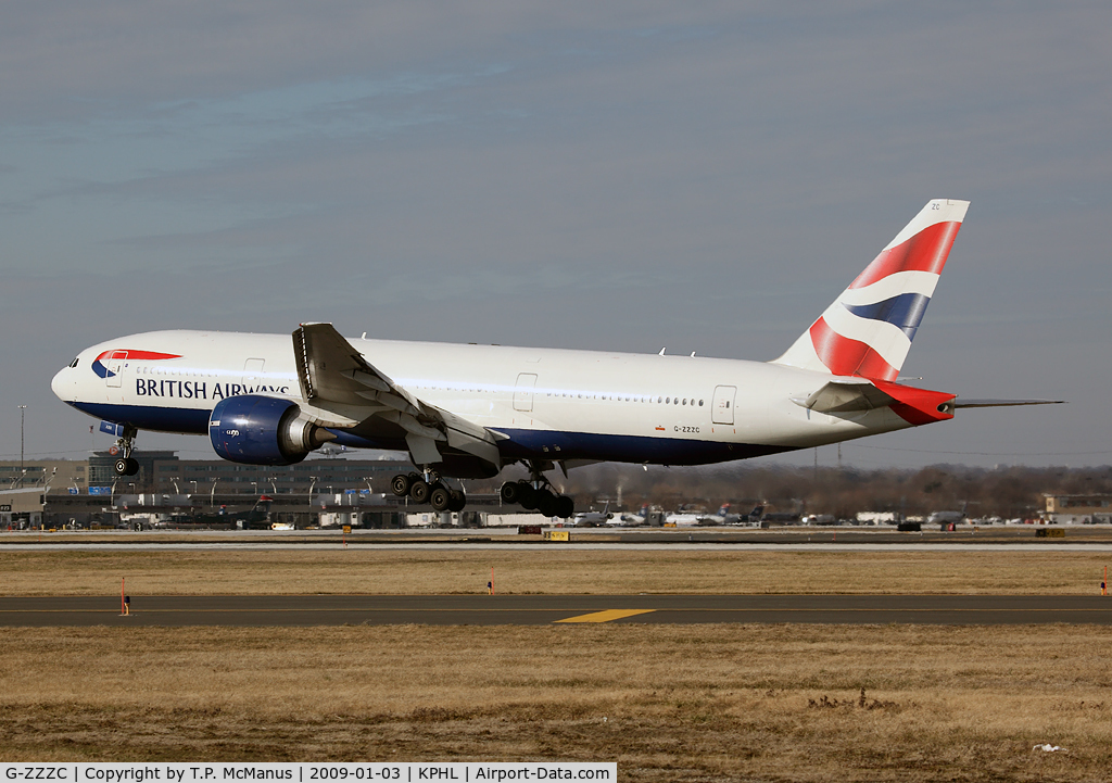 G-ZZZC, 1995 Boeing 777-236 C/N 27107, British Airways Speedbird 67 on final for 27R at PHL.