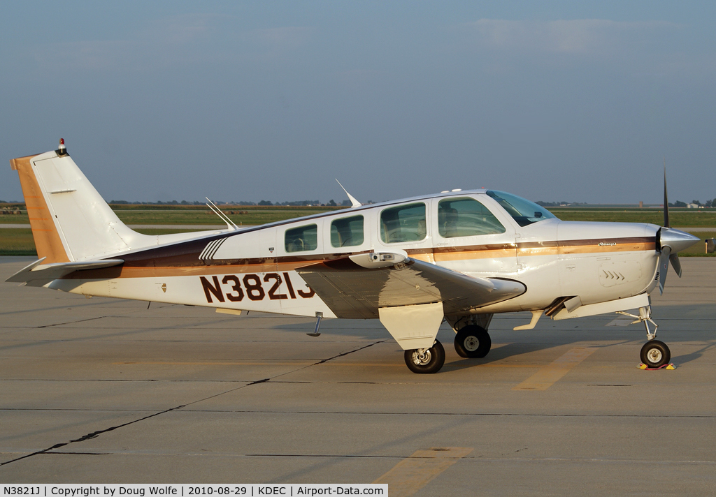 N3821J, 1981 Beech A36 Bonanza 36 C/N E-1810, Parked at Decatur, Illinois.  Champaign, Illinois owner.