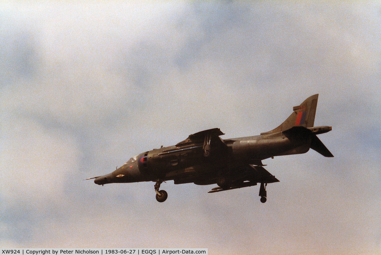 XW924, 1971 Hawker Siddeley Harrier GR.3 C/N 712079, Harrier GR.3 of 1 Squadron based at RAF Wittering on final approach to RAF Lossiemouth in the Summer of 1983.