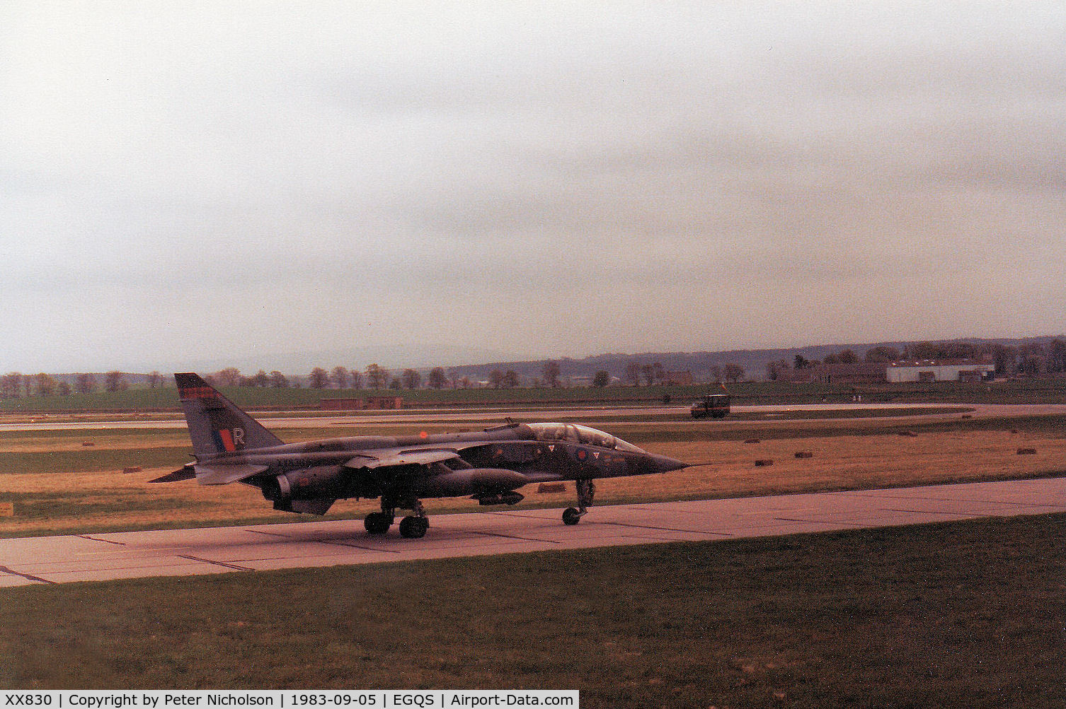 XX830, Sepecat Jaguar T.2 C/N B18, Jaguar T.2 of 226 Operational Conversion Unit taxying to the active runwayat RAF Lossiemouth in September 1983.
