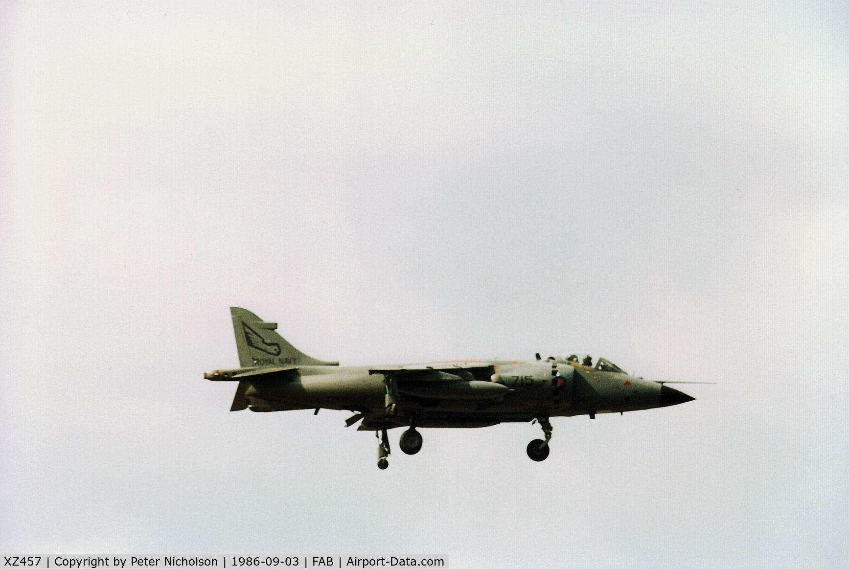 XZ457, 1979 British Aerospace Sea Harrier FRS.1 C/N 41H-912011, This Sea Harrier FRS.1 of 899 Squadron at RNAS Yeovilton was flown at the 1986 Farnborough Airshow.