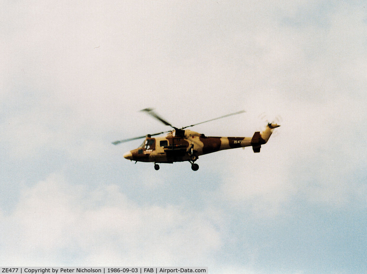 ZE477, 1984 Westland Lynx HAS.3 C/N 310/001P, Westland demonstrated this Lynx development at the 1986 Farnborough Airshow.