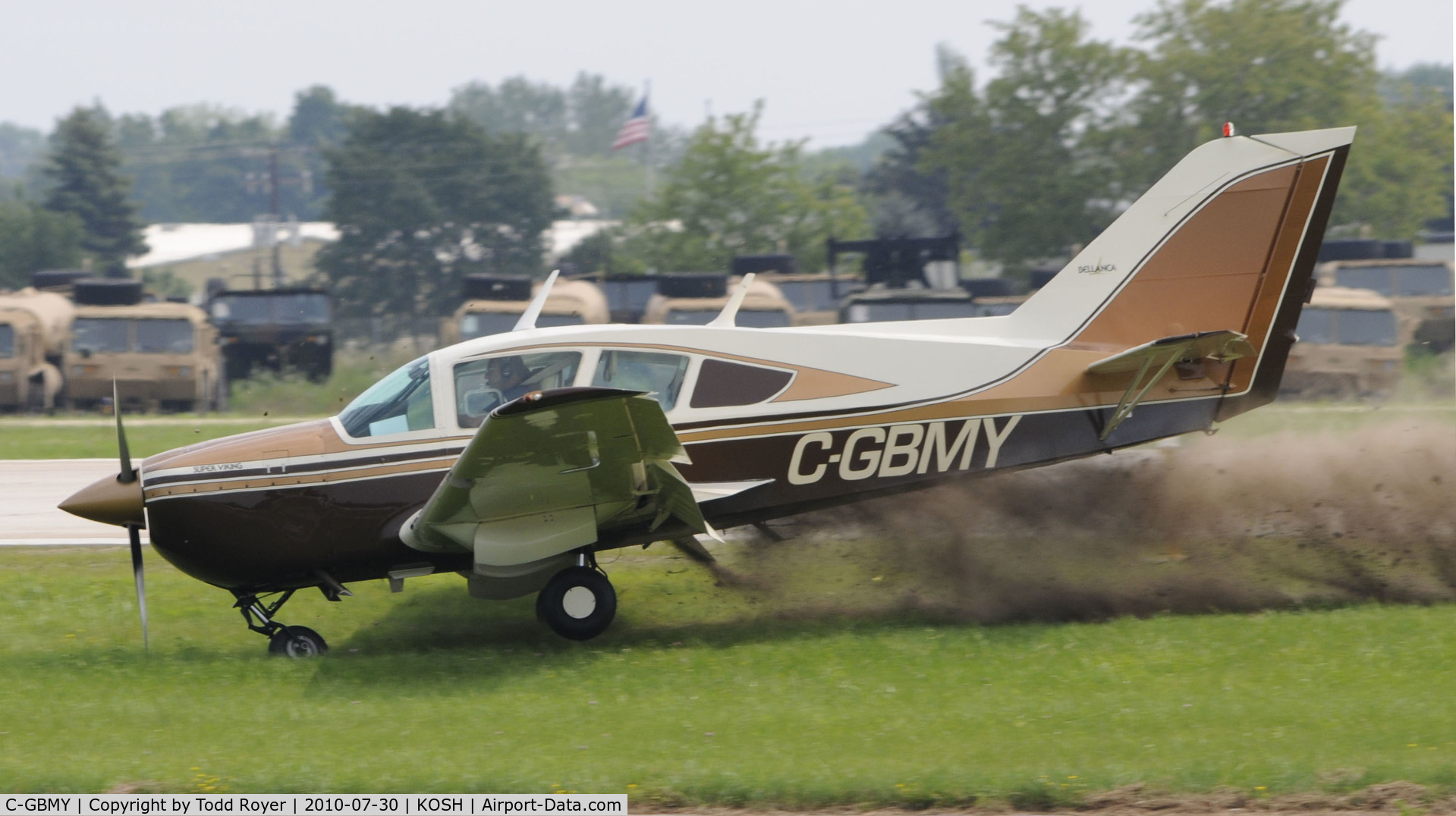 C-GBMY, 1974 Bellanca 17-30A Viking C/N 75-30744, EAA AIRVENUTRE 2010, Nose gear failed to extend fully causing aircraft to vear left of runway, aircraft stopped upright, did not appear to be any injuries.
