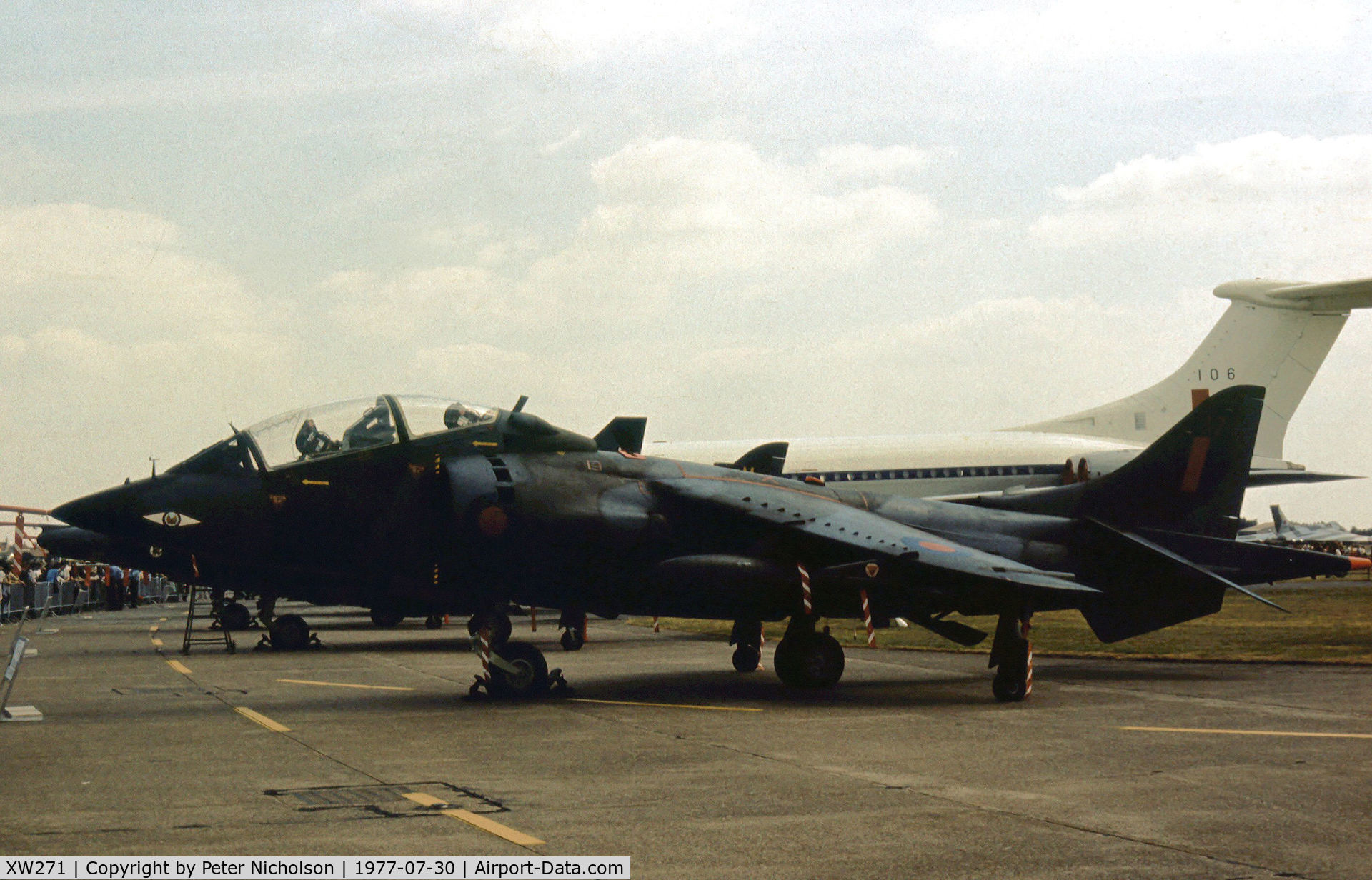 XW271, 1971 Hawker Siddeley Harrier T.4 C/N 212010, Harrier T.4 of 1 Squadron at RAF Wittering on display at the 1977 Royal Review held at RAF Finningley.