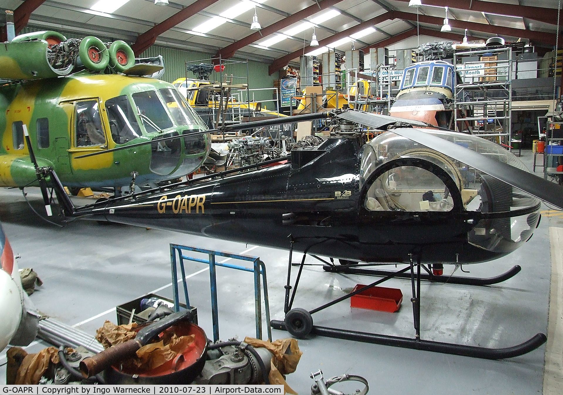 G-OAPR, 1965 Brantly B-2B C/N 446, Brantly B-2B at the hangar of the Helicopter Museum, Weston-super-Mare