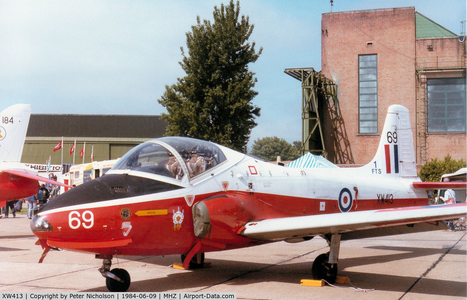 XW413, 1971 BAC 84 Jet Provost T.5A C/N EEP/JP/1035, Jet Provost T.5A of 1 Flying Training School at RAF Linton-on-Ouse on display at the 1984 RAF Mildenhall Air Fete.