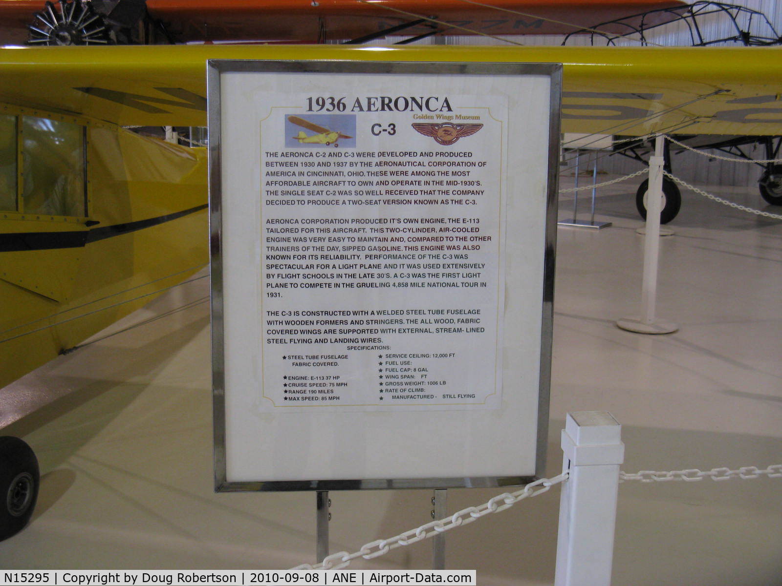 N15295, 1936 Aeronca C-3 C/N 623, 1936 Aeronca C3, Aeronca two cylinder E-113 37 Hp, Data. At Golden Wings Museum.