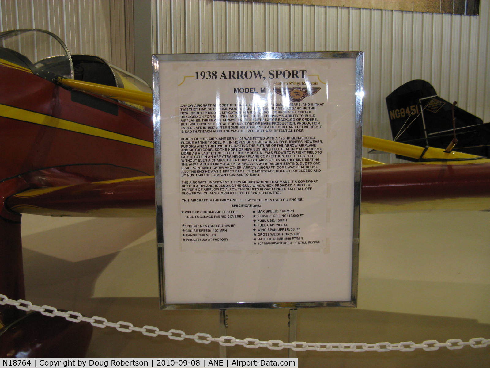 N18764, 1938 Arrow Sport M C/N 105, 1938 Arrow Aircraft and Motor ARROW SPORT M, Menasco PIRATE C4 D4 125 Hp, data, Experimental class, at Golden Wings Museum