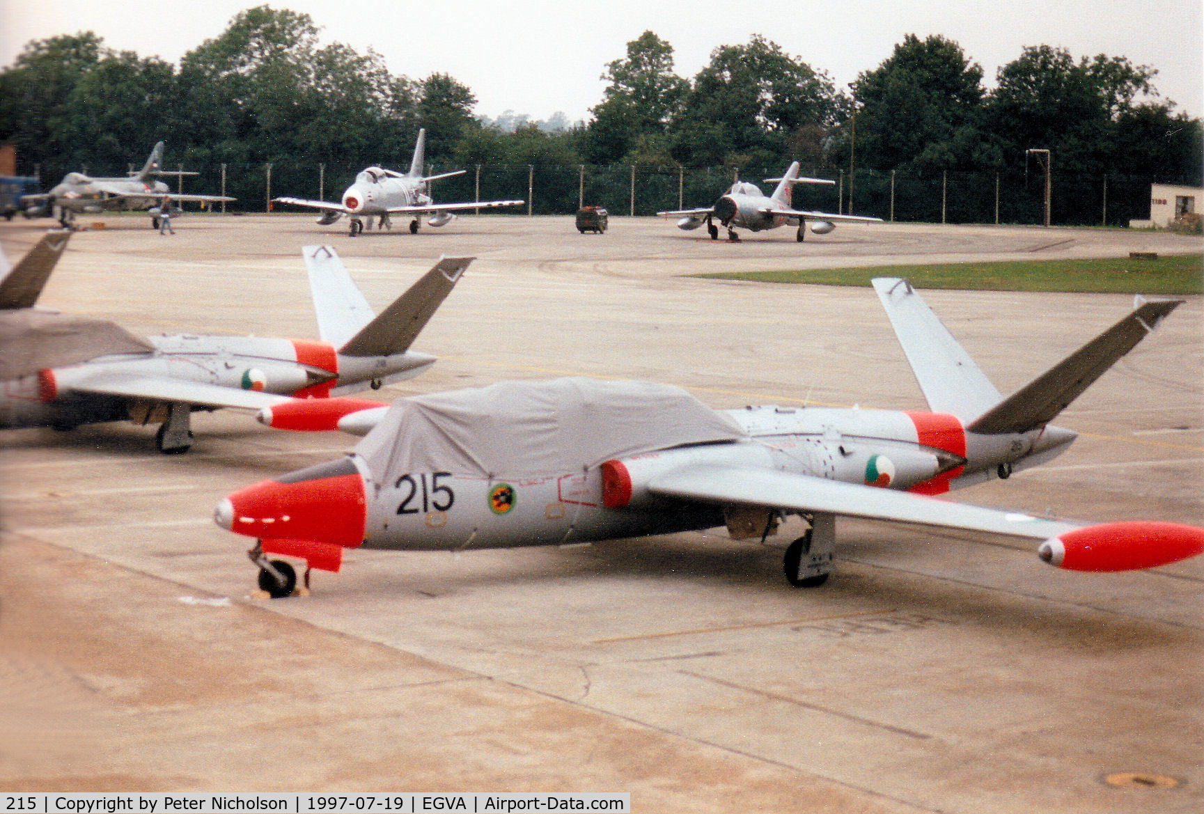 215, Fouga CM-170R Magister C/N 357, Super Magister, callsign Irish Fox, of the Irish Air Corps Silver Swallows display team on the flight-line at the 1997 Intnl Air Tattoo at RAF Fairford.