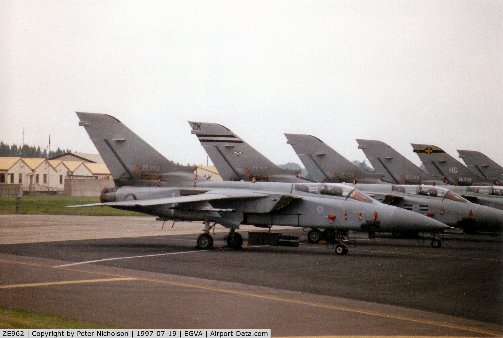 ZE962, 1989 Panavia Tornado F.3 C/N 3372, Tornado F.3 of RAF Leeming's 25 Squadron at the head of other such aircraft on the flight-line at the 1997 Intnl Air Tattoo at RAF Fairford.