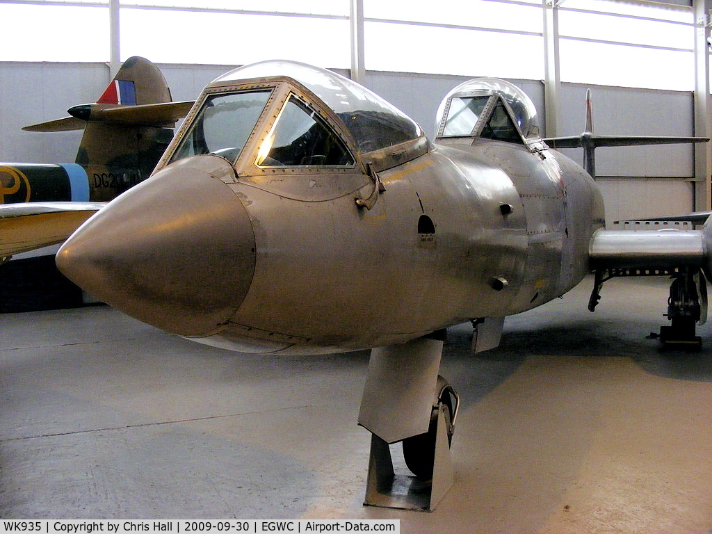 WK935, Gloster Meteor F.8(Mod) C/N Not found WK935, A much modified Meteor F8 fighter, the 'prone position' Meteor, was used to evaluate the advantages of coping with the effects of gravity while flying lying down.