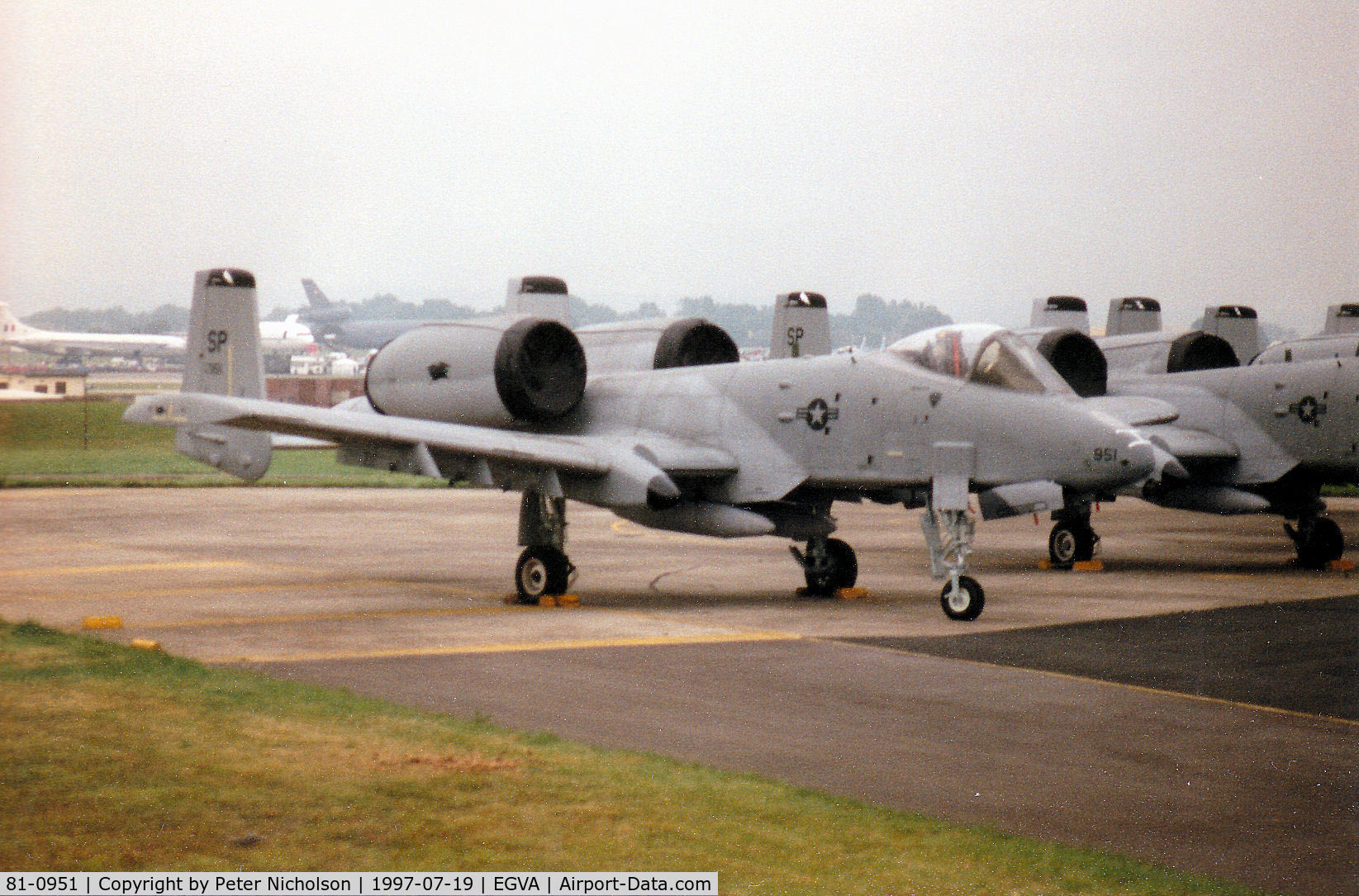 81-0951, 1981 Fairchild Republic A-10A Thunderbolt II C/N A10-0646, A-10A Thunderbolt, callsign Panther 11, of Spangdahlem's 81st Fighter Squadron/52nd Fighter Wing on the flight-line at the 1997 Intnl Air Tattoo at RAF Fairford.