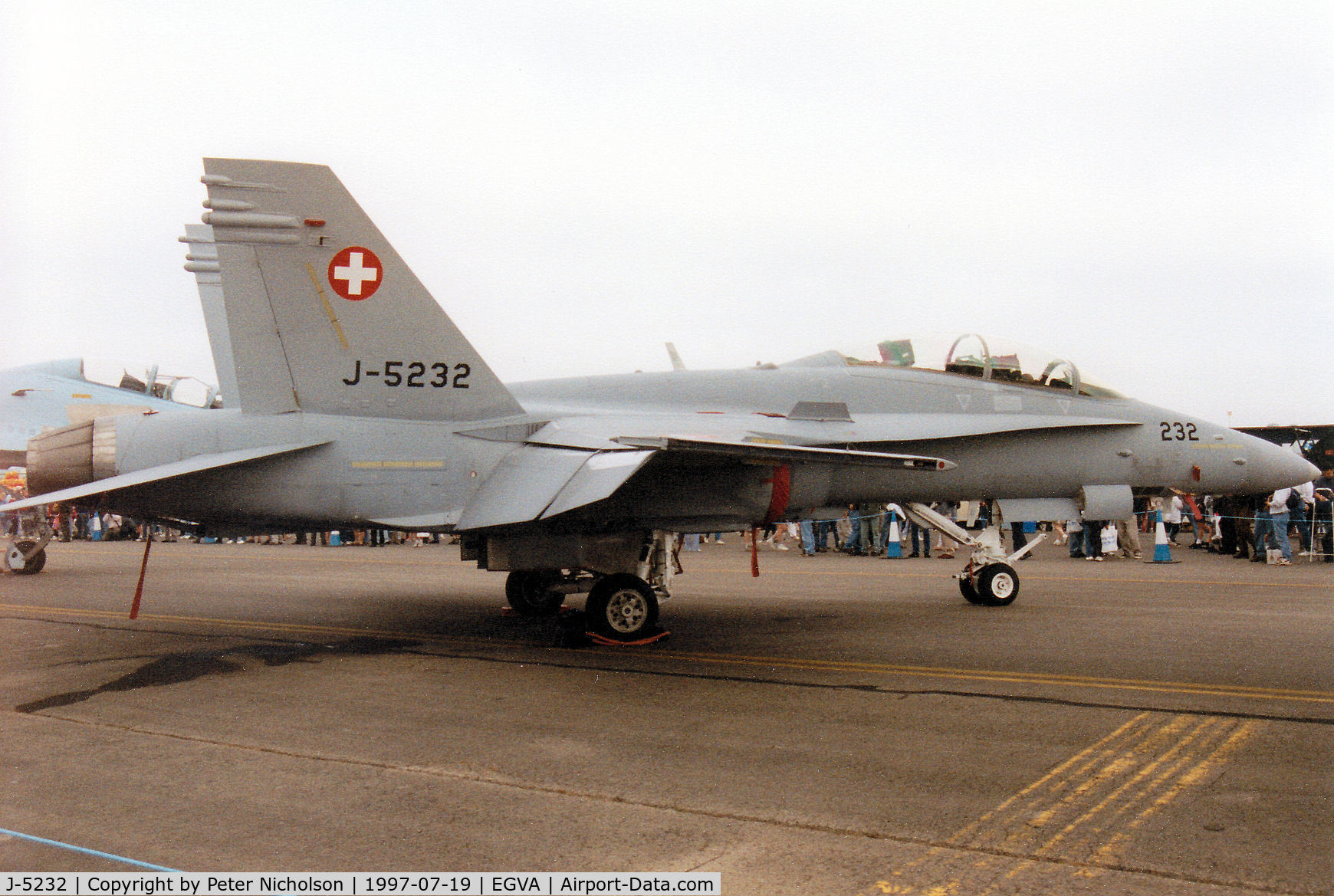 J-5232, 1996 McDonnell Douglas F/A-18D Hornet C/N 1308, Swiss Air Force F/A-18D Hornet on display at the 1997 Intnl Air Tattoo at RAF Fairford.