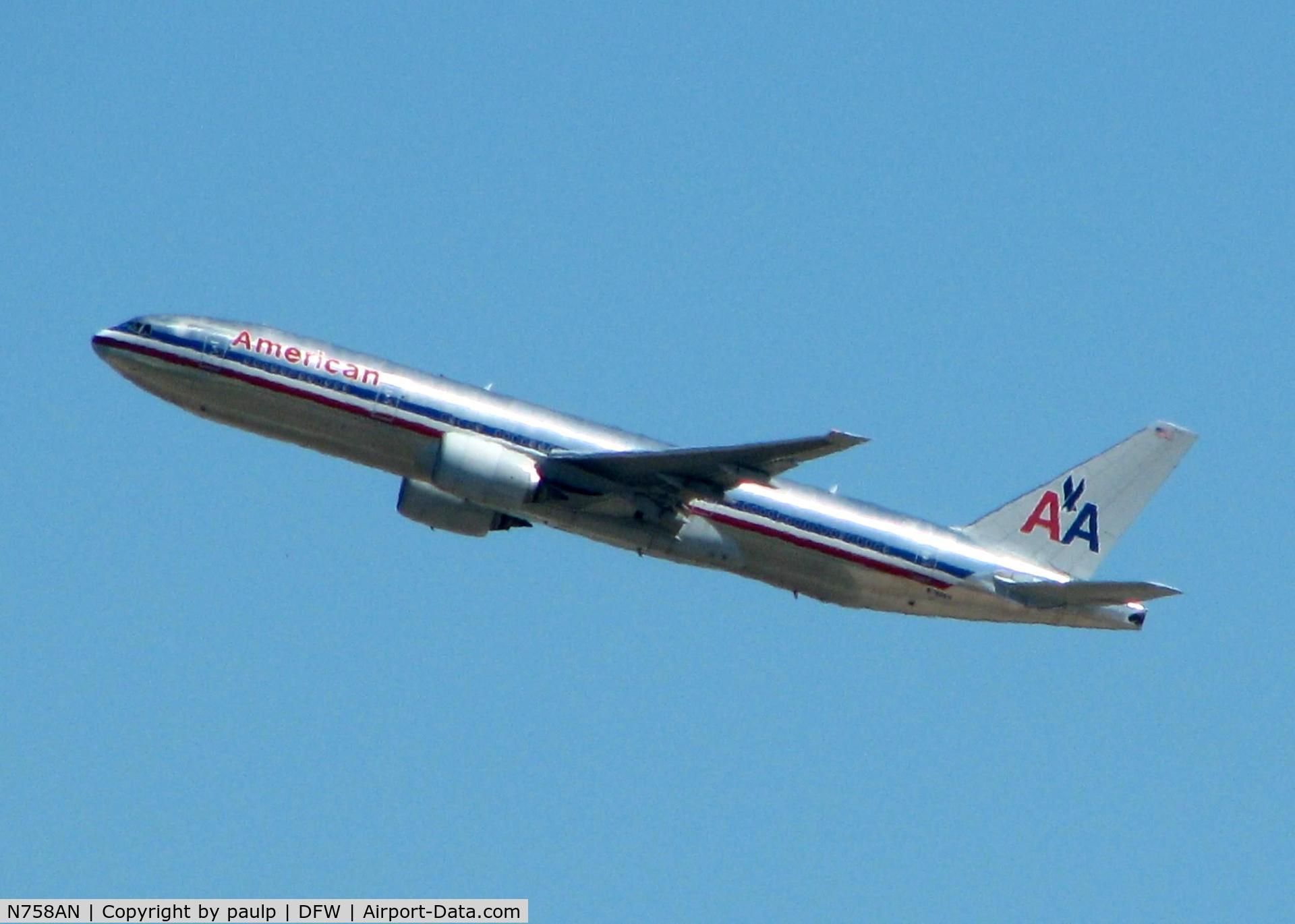 N758AN, 2001 Boeing 777-223 C/N 32637, Departing DFW.