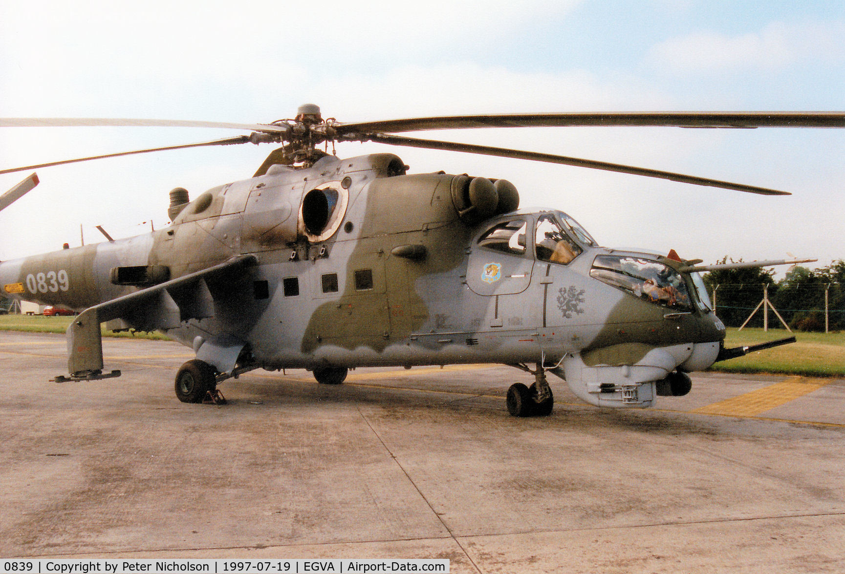 0839, Mil Mi-24V Hind E C/N 730839, Mi-24V2 Hind of the Czech Air Force on display at the 1997 Intnl Air Tattoo at RAF Fairford.