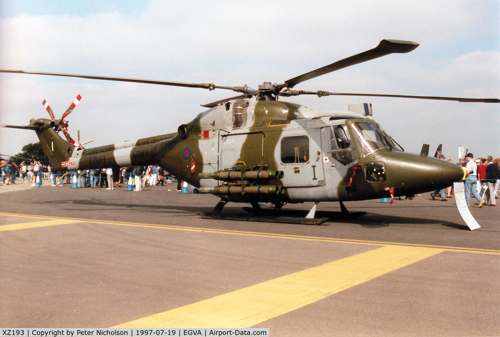 XZ193, 1978 Westland Lynx AH.1 C/N 093, Lynx AH.7, callsign Army Air 075, of 671 Squadron at Middle Wallop on display at the 1997 Intnl Air Tattoo at RAF Fairford.