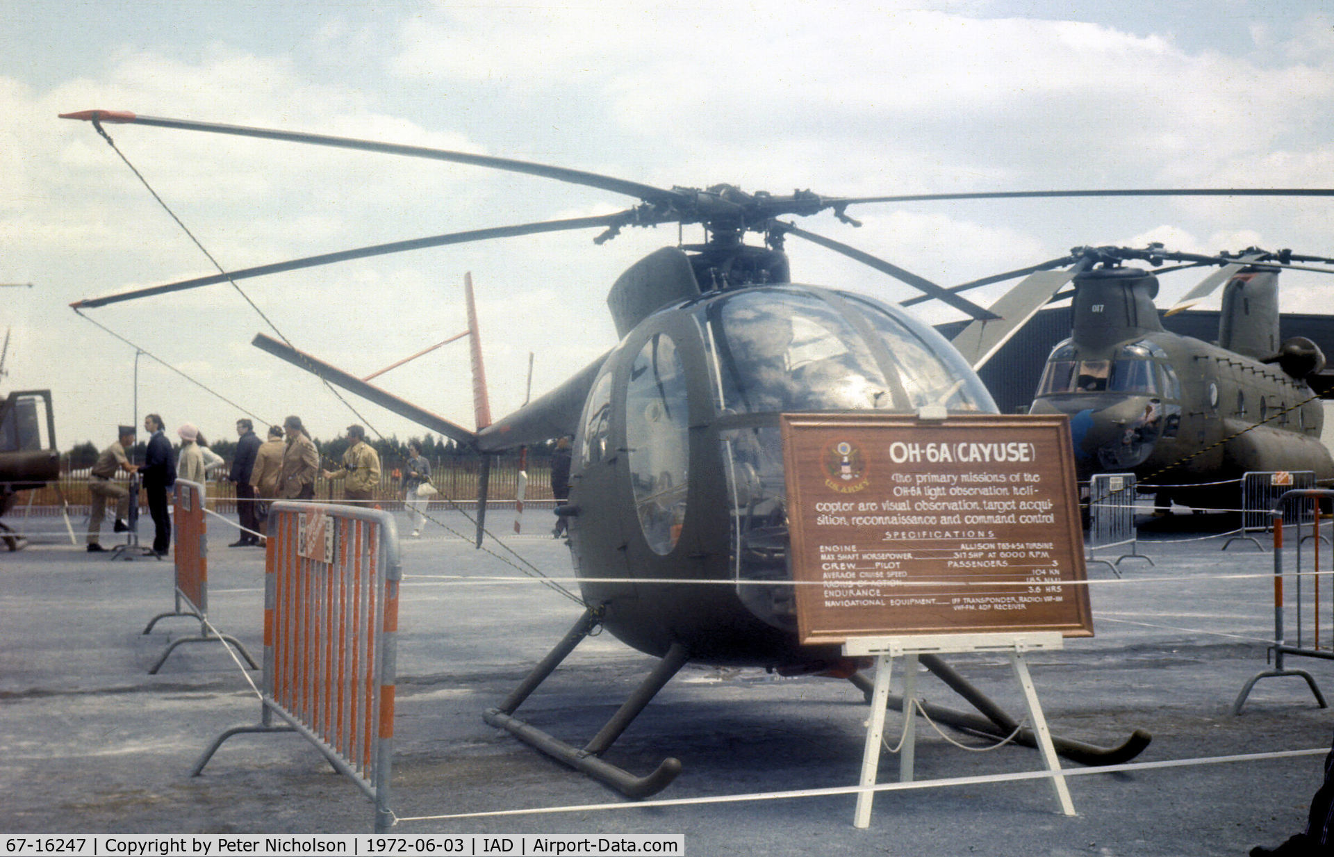 67-16247, 1968 Hughes OH-6A Cayuse C/N 0632, OH-6A Cayuse on display in the static park of the Transpo 72 show at Dulles International Airport in June 1972.