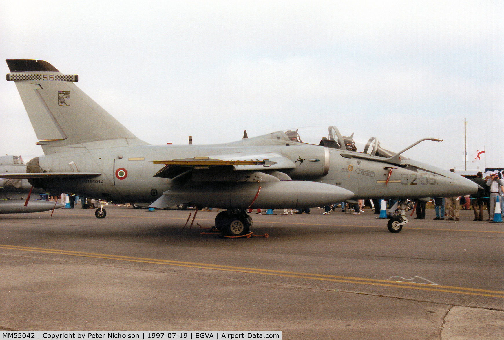 MM55042, AMX International AMX-T C/N IT017, AMX-T Centaur, callsign India 5044, of 32 Stormo/101 Gruppo Italian Air Force on display at the 1997 Intnl Air Tattoo at RAF Fairford.