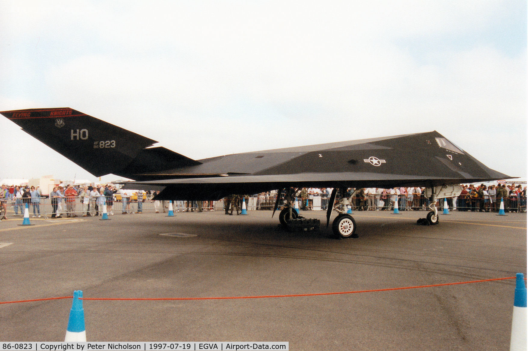 86-0823, 1986 Lockheed F-117A Nighthawk C/N A.4061, F-117A Nighthawk, callsign Trend 52, of 9th Fighter Squadron/49th Fighter Wing at Holloman AFB on display at the 1997 Intnl Air Tattoo at RAF Fairford.