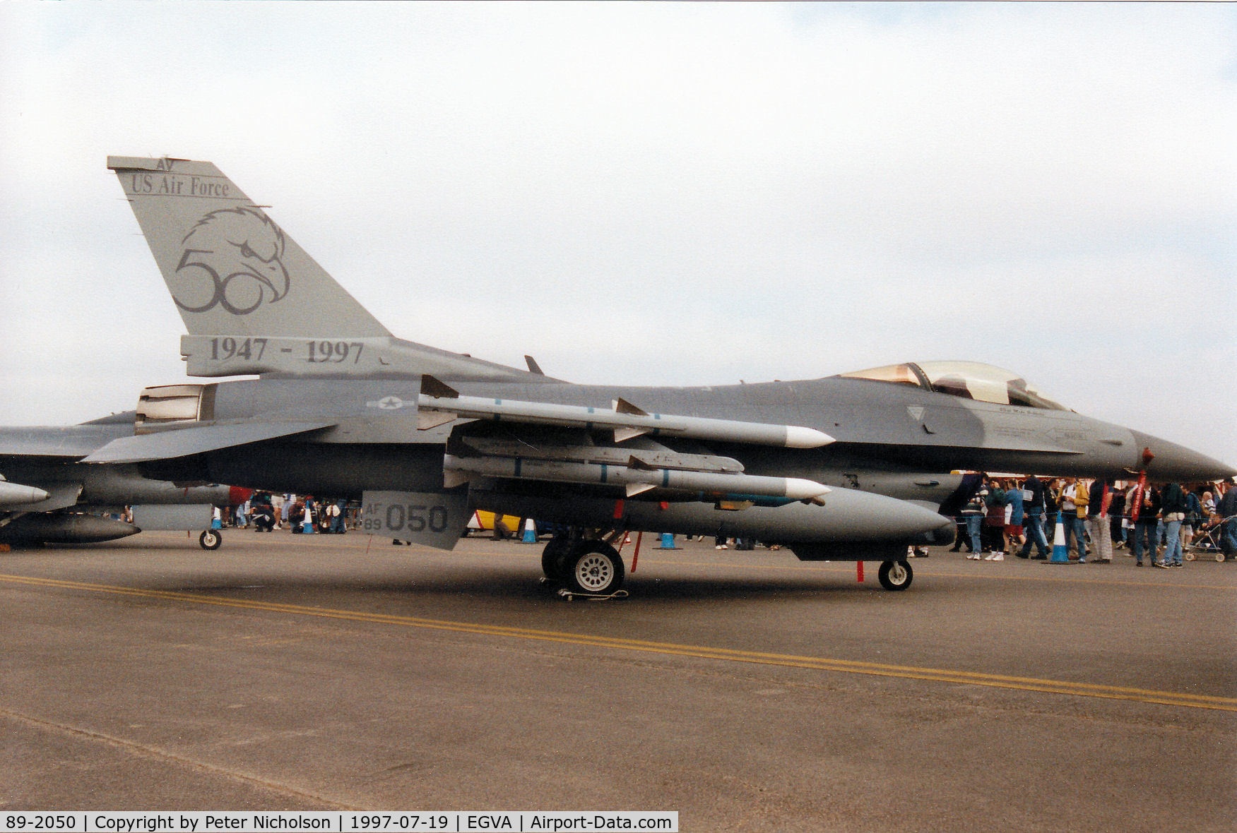 89-2050, 1989 General Dynamics F-16C Fighting Falcon C/N 1C-203, F-16C Falcon, callsign Spike 02, of 510th Fighter Squadron/31st Fighter Wing at Aviano in 50th anniversary markings on display at the 1997 Intnl Air Tattoo at RAF Fairford.