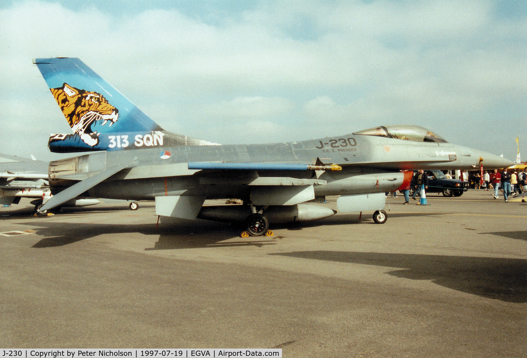 J-230, 1978 Fokker F-16A Fighting Falcon C/N 6D-19, F-16A Falcon, callsign Tiger 81, of 313 Squadron Royal Netherlands Air Force on display at the 1997 Intnl Air Tattoo at RAF Fairford.